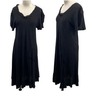 Oh My Gauze Midi Dress Ruffle Trim Short Sleeve Asymmetric Hem Black Womens M 1